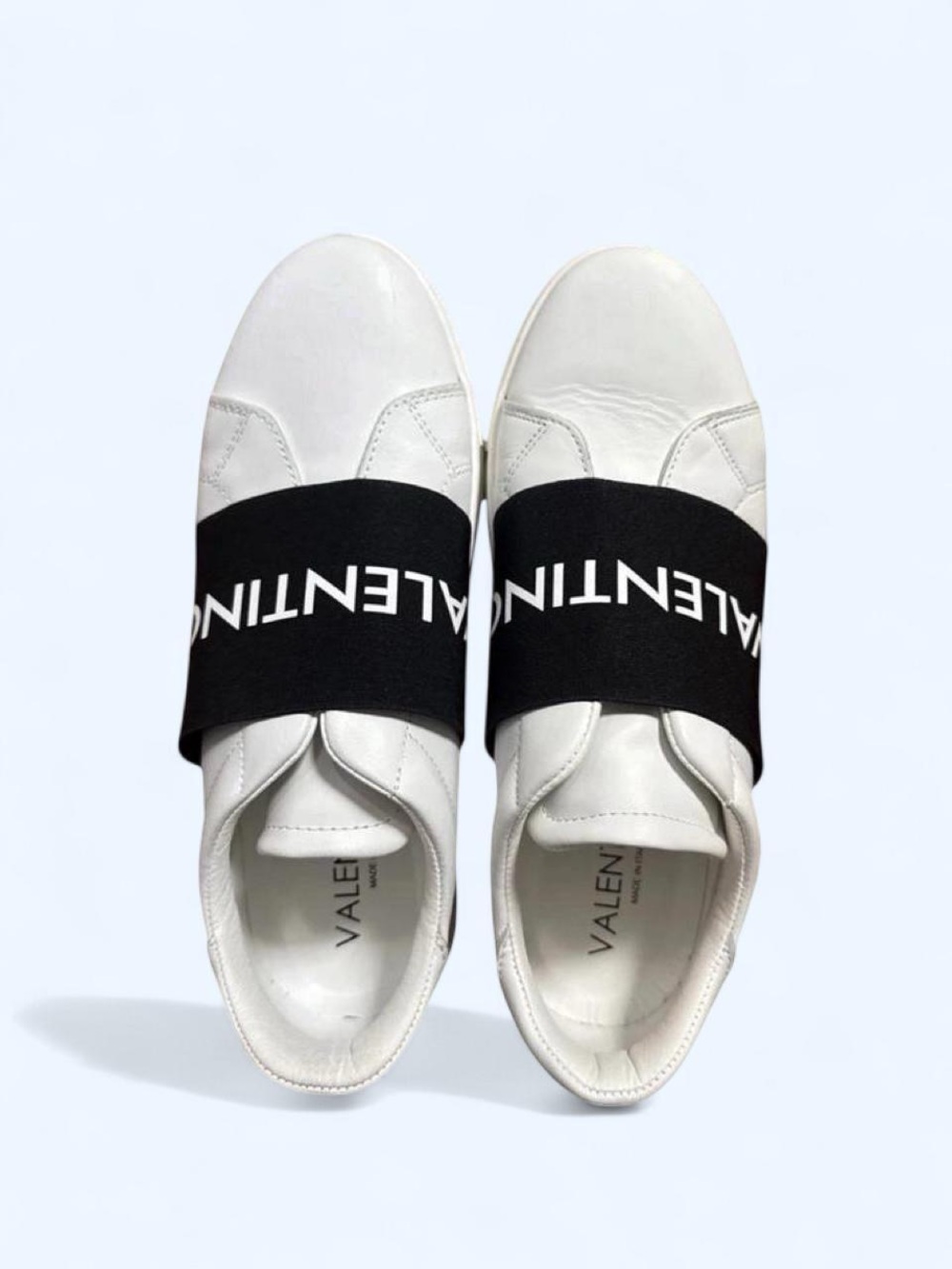 Valentino White Leather Slip-On Sneakers with Black Logo Band
